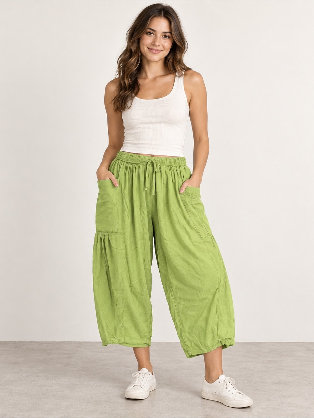 Free People Lime Green Wide Leg Cropped Drawstring Pants
